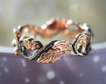 Oak leaves ring, rose gold and black rhodium, nature wedding band for woman, tree ring, unique ring, jewelry gift for her, branch ring