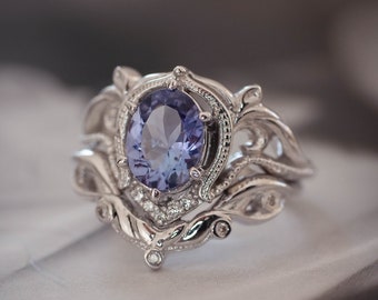Tanzanite & diamonds engagement ring set, art nouveau ring, stacking ring set, tanzanite bridal ring set, diamond wedding band, unique ring