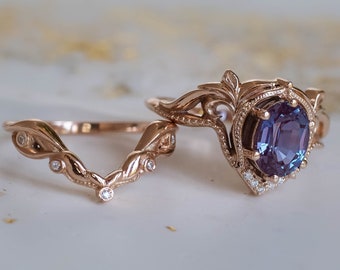 READY TO SHIP, Size 6.75 Us, Colour Changing Alexandrite Engagement Ring Set, Ornate Bridal Rings, Lab Alexandrite Ring Set in Rose Gold