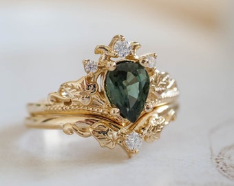 Natural Green Sapphire Engagement ring Set with Diamonds, Teal Sapphire Ring & Ivy Leaves Wedding Band, Elven Two ring set 14k or 18k Gold