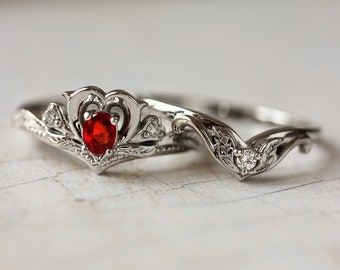 Red sapphire bridal ring set, hearts engagement ring, nature wedding band, diamonds ring, unique ring for woman, leaves ring, white gold