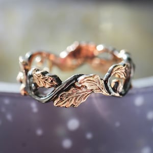 Oak Leaf Wedding Band, Rose Gold and Black Rhodium Ring
