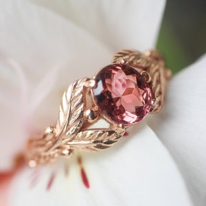 Pink tourmaline engagement ring, rose gold ring, leaves ring, unique ring for woman, branch ring, leaf engagement, twig wedding band image 1
