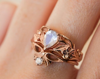 Moonstone bridal ring set, art nouveau ring, engagement & wedding ring set, flower ring, stacking ring set, nature inspired ring, 14K 18K