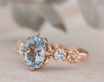 Aquamarine & diamonds engagement ring, flower engagement ring, nature ring, rose gold ring, romantic engagement ring, floral gold jewelry