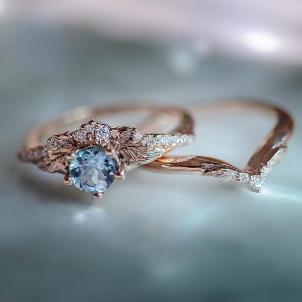 Anillo de compromiso de hoja de oro rosa, conjunto nupcial aguamarina, anillo de compromiso inspirado en la naturaleza, anillo de hojas, anillos de apilamiento, anillo de compromiso élfico