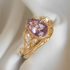 Large Amethyst Engagement Ring with Marquise Diamonds Leaves, Nature inspired Ring for Bride, Unusual Lavender Amethyst Ring 14k or 18k Gold image 6
