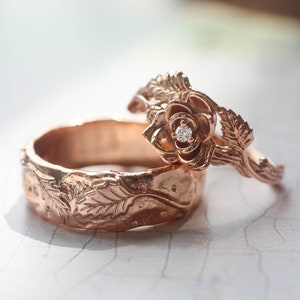 Nature wedding bands set his and her: wide ring for him, rose flower ring for her, couples wedding set, promise ring, wedding band pair