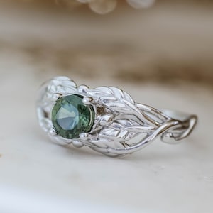 Natural Blue Green Sapphire Engagement ring, Nature inspired Teal Sapphire Ring, Elven Leaf Engagement ring in Solid 14k or 18k Gold