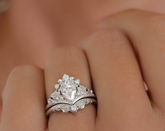 Ensemble de bague de fiançailles en forme de poire - Bague de fiançailles Moissanite inspirée de la nature avec bague de mariage ornée de feuilles de lierre, bagues elfiques, bague Fairytail