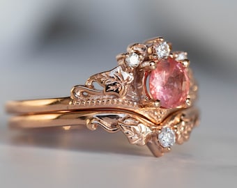 Padparadscha Colour Natural Sapphire Bridal Ring Set, Pinkish Orange Sapphire Rose Gold Ivy Leaves Rings, Stacking Rings in 14k or 18k Gold