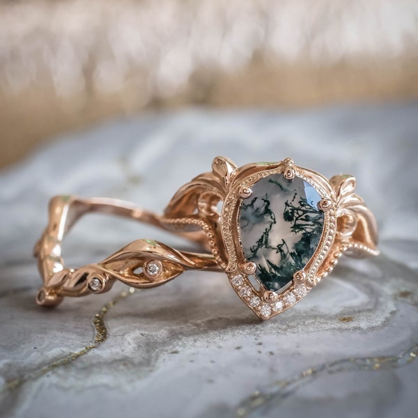 Pear cut Natural Moss agate Ring Set, Alternative Elvish Engagement Rings, Twig Engagement Ring & Wedding Ring Enhancer, 14K or 18k Gold