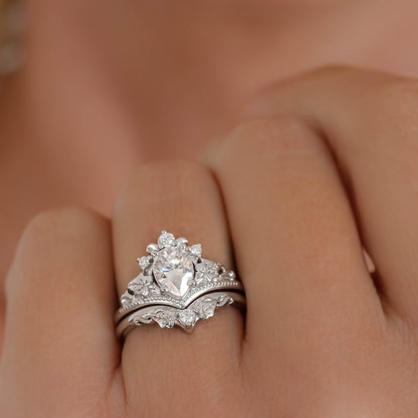 Ensemble de bague de fiançailles en forme de poire - Bague de fiançailles Moissanite inspirée de la nature avec bague de mariage ornée de feuilles de lierre, bagues elfiques, bague Fairytail