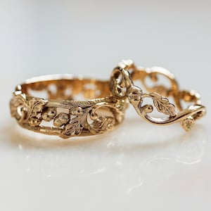 Conjunto de alianças de casamento para casal, anel de folhas de carvalho, alianças de casamento para mulher e homem, anel de galho, anel de folhas, joias da natureza, anel de árvore, ouro 14K