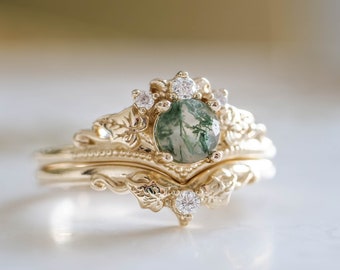 Ivy Leaf Green Moss Agate Ring Set, Leafy Elvish Engagement Ring & Matching Leaves Wedding Band with Diamond, 2pcs Bridal set 14K / 18k Gold