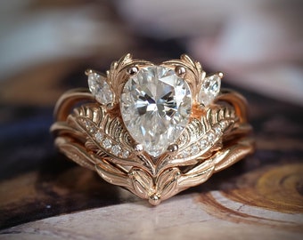 Elvish rings - Nature inspired Engagement Rings, Unique Bridal Ring Set with 1.25 ct Pear shaped Moissanite Diamond in 14K or 18K Solid Gold