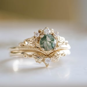 Ivy Leaf Green Moss Agate Ring Set, Leafy Elvish Engagement Ring & Matching Leaves Wedding Band with Diamond, 2pcs Bridal set 14K / 18k Gold image 1