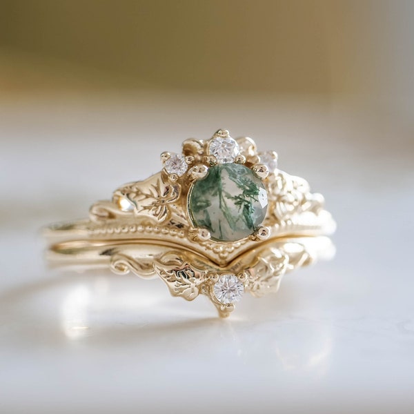 Conjunto de anillos de ágata de musgo verde hoja de hiedra, anillo de compromiso élfico frondoso y alianza de boda de hojas a juego con diamante, conjunto nupcial de 2 piezas de oro de 14K / 18k