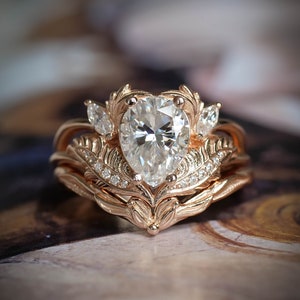 Elvish rings - Nature inspired Engagement Rings, Unique Bridal Ring Set with 1.25 ct Pear shaped Moissanite Diamond in 14K or 18K Solid Gold