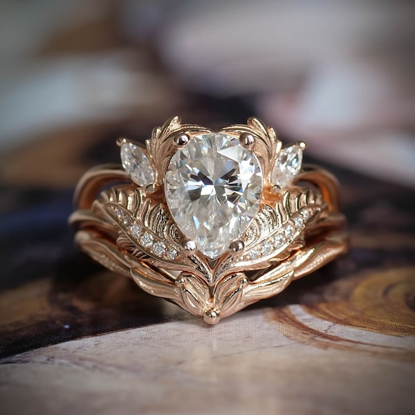 Elvish rings - Nature inspired Engagement Rings, Unique Bridal Ring Set with 1.25 ct Pear shaped Moissanite Diamond in 14K or 18K Solid Gold