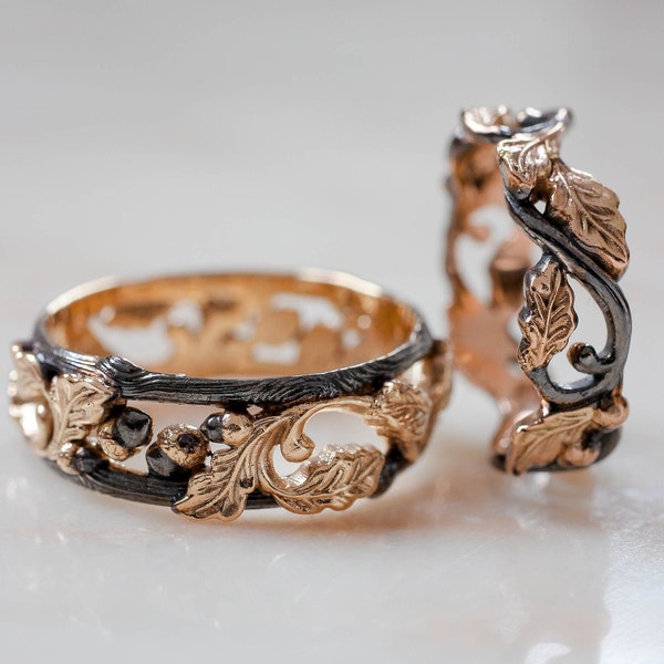 Unique wedding band set for couple, oak ring, wedding rings for woman and man, branch ring, leaves ring, nature jewelry, black and gold ring