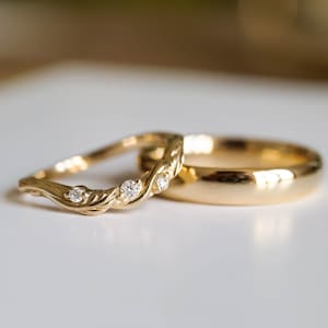 Wedding Ring Set His and Her, Couples Ring Set, High polish Classic Gold Band for Men & Diamond Leaf Twig Ring for Women, 14K or 18K Gold