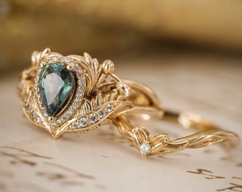 Teal sapphire bridal ring set, sapphire & diamonds engagement ring, green sapphire ring, nature ring, gold leaf ring, diamond halo ring, 14K