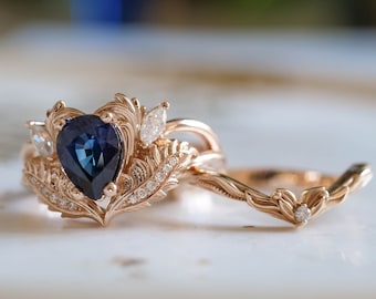 Natural Blue Sapphire Engagement Ring Set, Elvish Pear shaped Engagement Ring Set with Leafy V shaped Wedding Band, Alt Bride 14K / 18k Gold