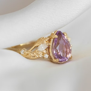 Large Amethyst Engagement Ring with Marquise Diamonds Leaves, Nature inspired Ring for Bride, Unusual Lavender Amethyst Ring 14k or 18k Gold