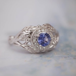 Sapphire Engagement Ring with Diamond Halo, White Gold Leaf Ring, Nature Inspired Ring, Leaf engagement ring, Light Blue Sapphire Ring image 4