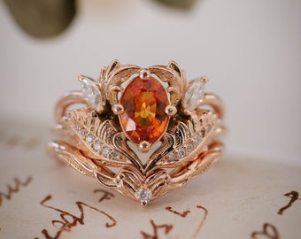 Bridal ring set with orange sapphire, engagement & wedding ring set, oval engagement ring, nature ring, gold leaf ring, stacking ring set