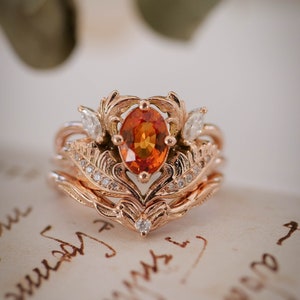 Bridal ring set with orange sapphire, engagement & wedding ring set, oval engagement ring, nature ring, gold leaf ring, stacking ring set