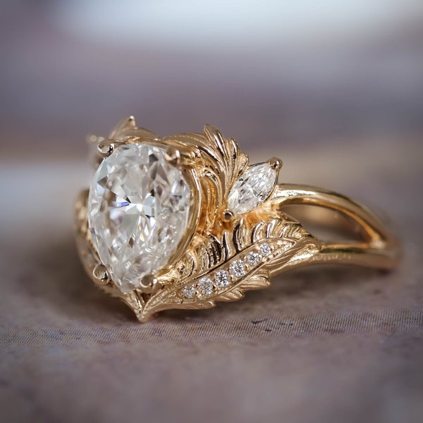 Bague de fiançailles elfique Moissanite en forme de poire, bague de fiançailles fantaisie de conception de feuille de diamant de déclaration pour la mariée, bague en diamant inspirée de la nature