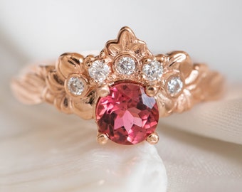 Pink Tourmaline Engagement Ring, Nature inspired Diamond Crown ring, 14k or 18k Rose Gold Nature Ring for Ethical Engagement