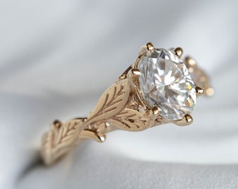 1.10 ct Moissanite Engagement ring, Elven Forest Wedding Engagement, Delicate Gold Leaves Branch Ring for Bride, 14k or 18k Gold