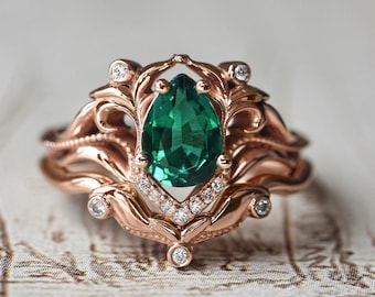 Emerald engagement ring set, lab emerald bridal ring set, art nouveau ring, vintage style ring, stacking rings, 14K rose gold, unique ring