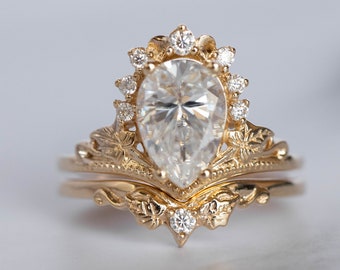 Elvish Rings - 2 Carat Lab Grown Diamond Bridal Set, Unique Engagement Ring Set for Bride, Gold Leaves and Diamonds in 14k or 18k Gold