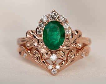 Ornate Engagement Ring Set, Natural Emerald Ring with Diamonds, 2pcs Bridal ring set, Baroque inspired Engagement in 14k or 18K Gold