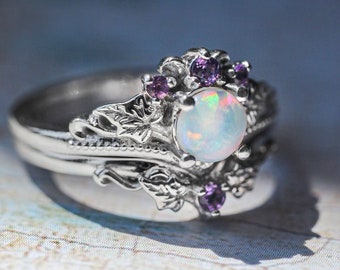 White gold bridal ring set, opal engagement ring, wedding and engagement stacking rings, ivy leaf ring, amethyst ring, leaves wedding band