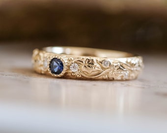 Elven Wedding Band with Leaves and Diamonds - Comfort Fit Ring, Ivy Leaf Ring, Genuine Blue Sapphire Ring for Women, 14k or 18k Gold