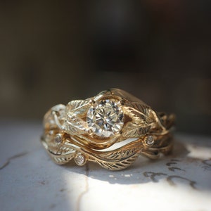 Leaf bridal ring set, lab-grown diamond bridal set, twig wedding band, branch ring, gold leaves ring, unique stacking rings set for bride
