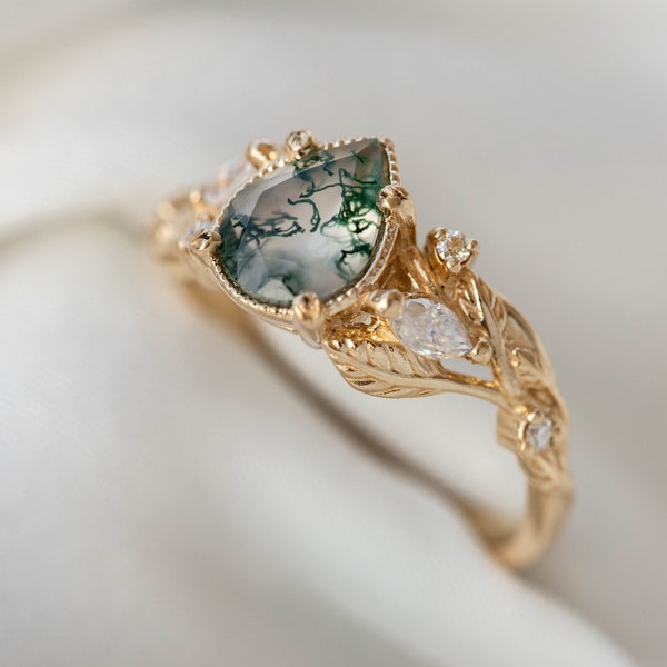 READY TO SHIP, Sizes 5.5-8.5Us, Moss Agate Engagement ring with Marquise Diamond leaves, Nature inspired Moss Agate Ring Elven engagement