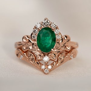 Ornate Engagement Ring Set, Natural Emerald Ring with Diamonds, 2pcs Bridal ring set, Baroque inspired Engagement in 14k or 18K Gold image 1