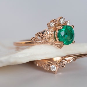 1 Carat Emerald Bridal Ring Set, Rose gold Ivy Leaves and Diamonds Engagement, Emerald Rings in 14K or 18K Gold, Fairy Bride Gold Rings image 2