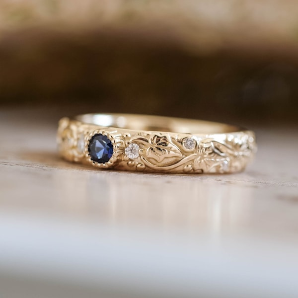 Elven Wedding Band with Leaves and Diamonds - Comfort Fit Ring, Ivy Leaf Ring, Genuine Blue Sapphire Ring for Women, 14k or 18k Gold