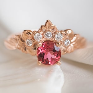 Pink Tourmaline Engagement Ring, Nature inspired Diamond Crown ring, 14k or 18k Rose Gold Nature Ring for Ethical Engagement image 1