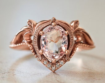 Morganite & Diamonds Engagement Ring, art nouveau ring, nature ring, unique engagement ring for woman, 1 carat morganite ring, leaf ring