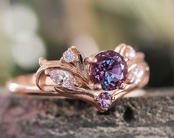 Alexandrite engagement ring, nature inspired engagement ring, lab alexandrite ring, moissanite ring, rose gold ring for women, art nouveau