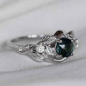Genuine Teal sapphire Ring, Leaf engagement Botanical ring, Nature inspired White gold Leaves with Diamonds, Forest wedding, 14k or 18k Gold