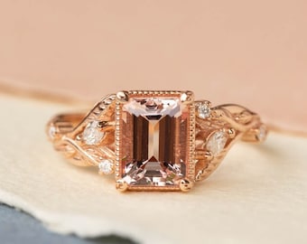 Emerald cut Morganite and Diamonds Engagement Ring Set with Gold Leaves, Nature inspired Ring for Bride, Rose Gold Ring 14k or 18k Gold